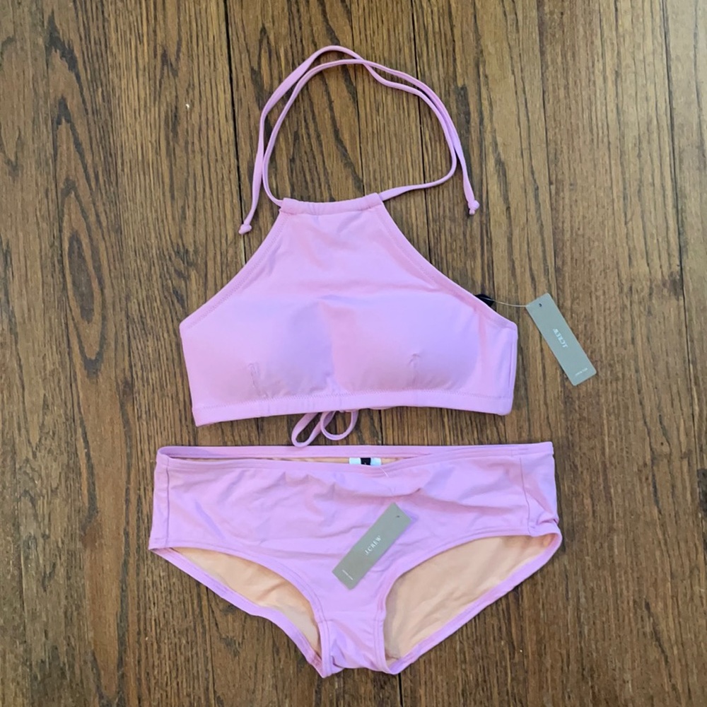 J. Crew Radiant Orchid swim high neck top and boy short bottoms; new w tags.